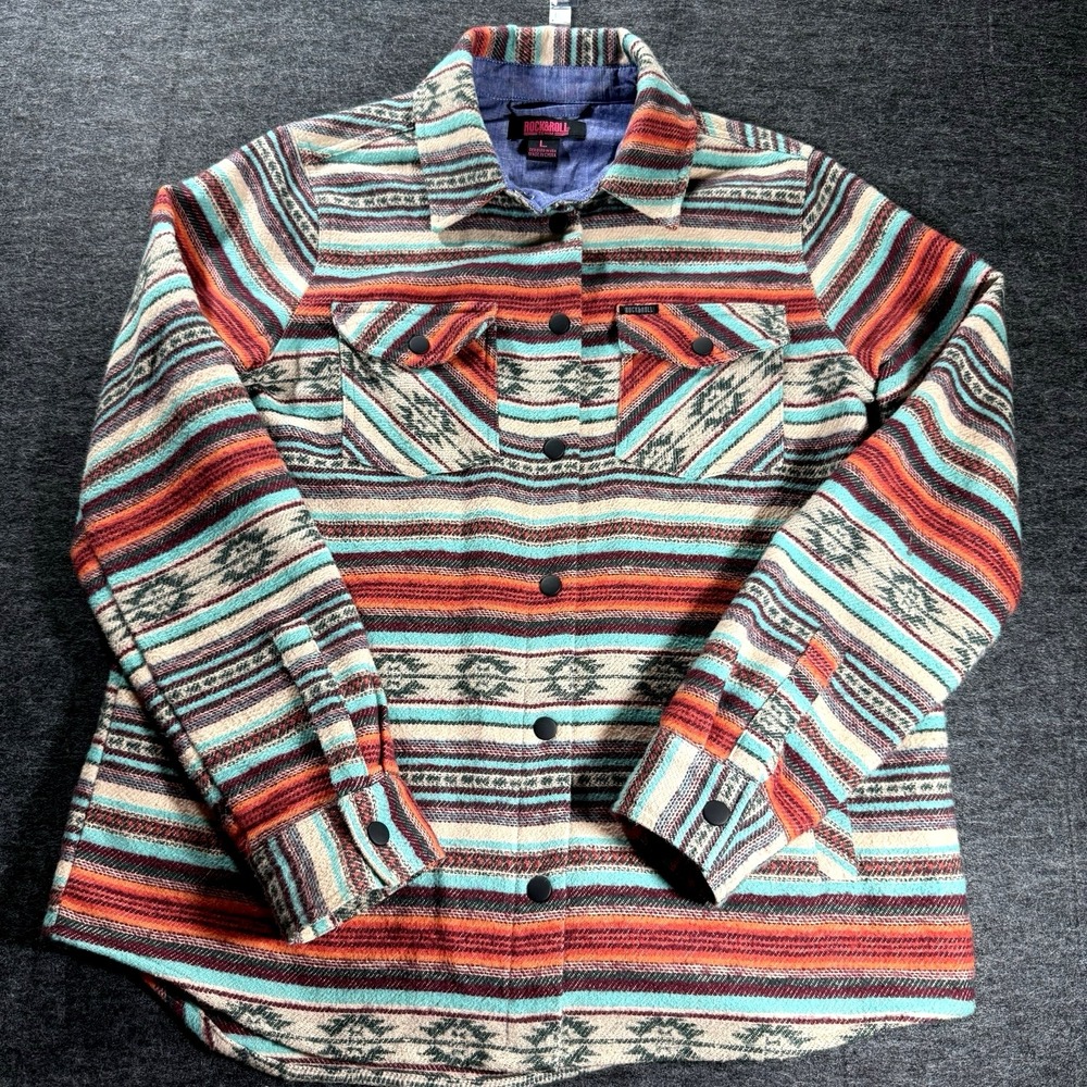 Rock&Roll Denim Button Down Shacket Shirt Womens Large Southwestern Aztec Rodeo